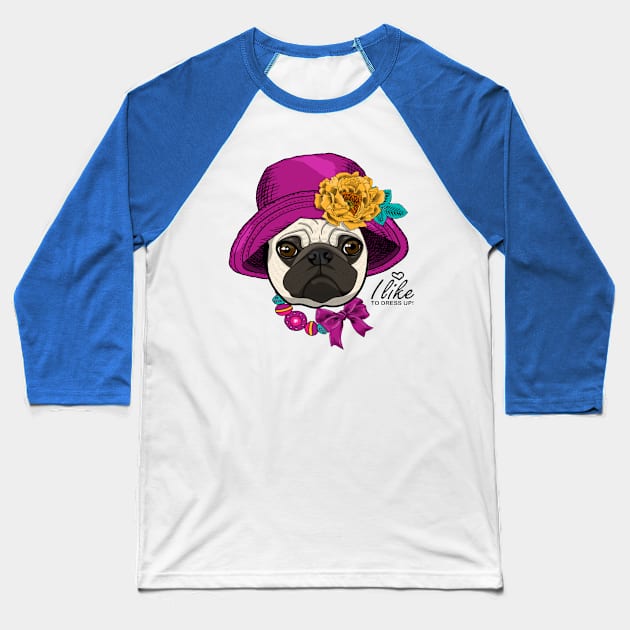 Vector dog with hat, yellow flower and nacklace. Hand drawn illustration of dressed pug Baseball T-Shirt by amramna